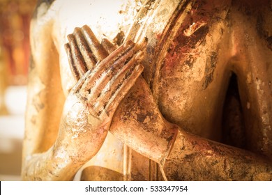 Close up hand of statue Buddha.buddhism concept