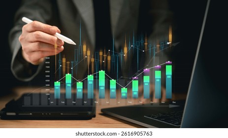 Close up of hand with stylus interacting with digital chart showing colorful graphs and data bars indicating financial analysis trends - Powered by Shutterstock - Get 15% off with code: PIKWIZARD15