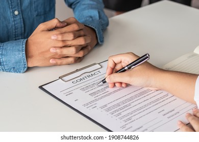 Close Up Hand Of Tenant, Client Sign Signature Contract Rental, Purchase, Buyer Home Or Apartment With Landlord, Realtor After Banker Agreement Mortgage, Loan Success Or Done. Property Agent Concept.