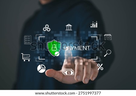 Close up of hand touching secure payment interface with shield lock icon, symbolizing online payment security, financial transaction protection, ecommerce and digital banking technology concept.