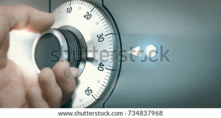 Close up of a hand unlocking a safe deposit box by turning a knob with numbers. Composite image between a hand photography and a 3D background.