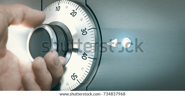 Close up of a hand unlocking a safe deposit\
box by turning a knob with numbers. Composite image between a hand\
photography and a 3D\
background.