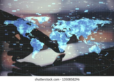Close up of hand using backlit tablet with digital map and forex chart grid. Technology and stock concept. Double exposure  - Powered by Shutterstock - Get 15% off with code: PIKWIZARD15