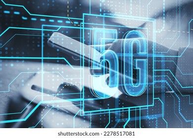 Close up of hand using cellphone or tablet with glowing linear 5g hologram on blurry background. 5G network and wireless systems. Double exposure
