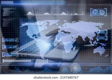 Close up of hand using laptop computer with abstract radar map interface on blurry background. Spy and cyber terrorism concept. Double exposure