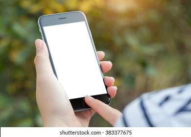 close up hand using phone white screen