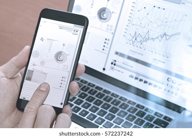 close up of hand using smart phone,laptop, online banking payment communication network technology 4.0,internet wireless application development sync app,filter effect