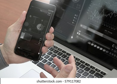close up of hand using smart phone,laptop, online banking payment communication network technology 4.0,internet wireless application development sync app