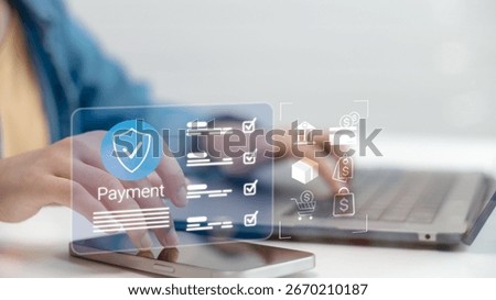 Close up hand using smartphone with digital secure payment icon. Concept of online transaction, mobile banking, e-commerce shopping, financial technology, and safe digital payment verification system.