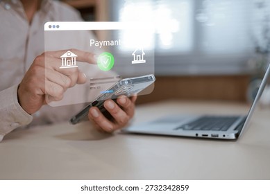 Close up of hand using smartphone with secure online payment interface. Concept of mobile banking, business, finance, cyber security, digital transaction, and safe financial technology for e-commerce.