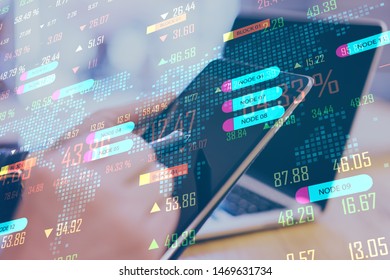 Close up of hand using tablet with digital big data interface. Technology, programming and software concept. Multiexposure 