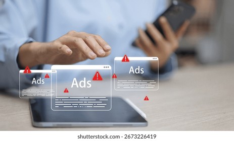 Close up hand using tablet with multiple ads warning popups, online advertising alert, digital marketing risk, internet spam notification concept.