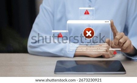 Close up hand using tablet to close multiple warning popups, internet security alert, online risk protection, computer virus, malware, and digital safety concept.