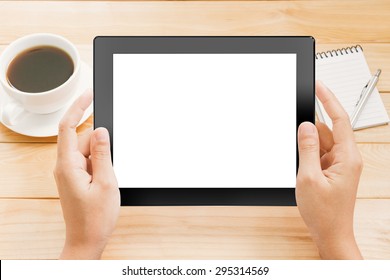 Close Up Hand Using Tablet White Screen Display