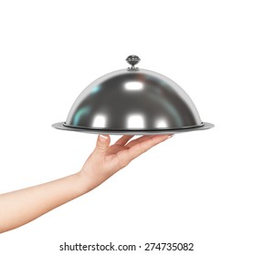 Close Up Hand Of Waiter With Metal Cloche Lid Cover And Tray