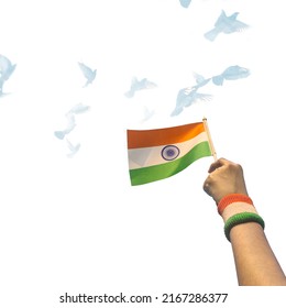 Gros plan sur une main agitant un petit drapeau indien contre un ciel blanc avec des pigeons volant à l'arrière-plan. Bannière de la fête de la République Indienne.