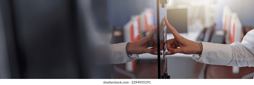 Close up hand of woman scanning fingerprint electronic digital door lock security system at office - Shutterstock ID 2294955191