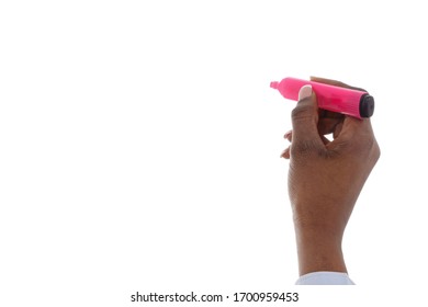 
Close Up Hand Young African Black Woman Writing With Pink Marker On White Isolated Background