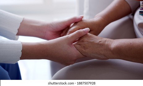 Close Up Hand Of Young Asia Woman Or Nurse Home Care Holding Senior Grandmother Give Support Empathy To Elderly Lady Or Older People In Assisted Living Homecare Mental Health Relief Concept.