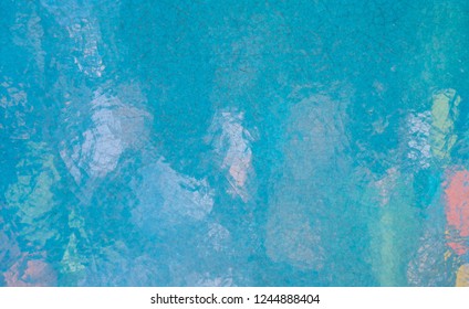 Close Up Handmade Glazed Pottery Ceramic Art Texture Surface, Bright Turquois Or Sapphire Blue Tone With Crack Random Line. Abstract Vintage, Contemporary, Antique Style Wallpaper Background.