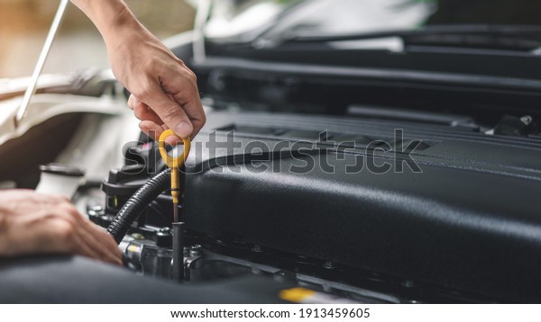 Close up of hands\
checking the oil level in the engine before a trip or journey, Car\
check condition concept.