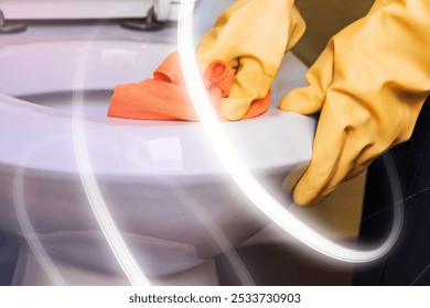 Close up hand's cleaner cleaning toilet with yellow gloves. Toilet cleaning hygiene product by cleaner. Cleaner with yellow gloves, toilet cleaning and hygiene. Focus on cleanliness and sanitation. - Powered by Shutterstock