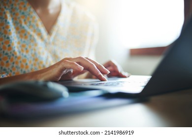 Close Up Of Hands, Freelancer Asian Woman Using Digital Laptop Computer Working On Desk Near Bright Window At Cafe In The Morning, Cropped Shot Image