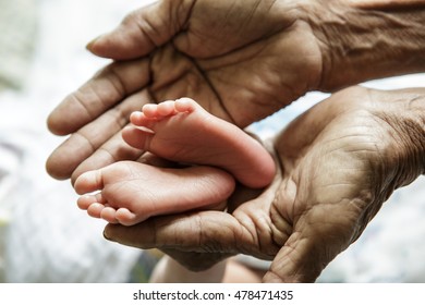 Close Up Hands Holding Grandmother Small Baby Feet