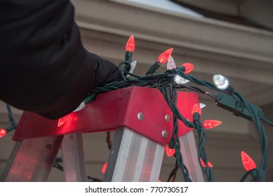 Close up of hands holding onto Christmas lights on top of a ladder.