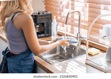 Close up hands of housewife washing dishes in at the kitchen sink. Attractive beautiful woman housekeeper wear apron, cleaning and rinse plate with water for housekeeping housework or chores in house. - Powered by Shutterstock