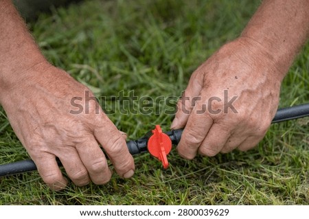 Close up of hands installing a shut off valve on a drip irrigation line in a garden. The image highlights irrigation system components, water flow control, drip irrigation maintenance, and efficient garden watering practices. Suitable for agriculture, horticulture, irrigation manuals, landscaping services, sustainable gardening, and water management content. 
