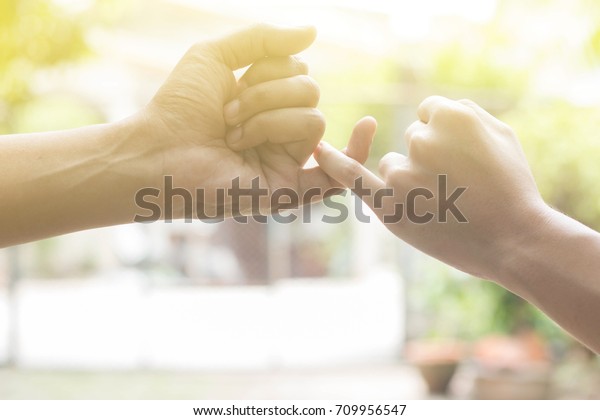 テキスト用のコピースペースとソフトライト効果を持つ愛らしい夫婦の手を 互いの小さな指に引っ掛け合って接写する 小指の誓い 小指の約束のコンセプト の写真素材 今すぐ編集