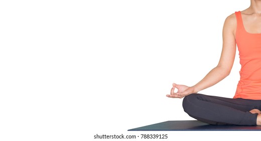 Close up hands of master yoga seated doing Hand Mudra and meditates isolated white background.wellness and healthy lifestyle,leave space for adding text.