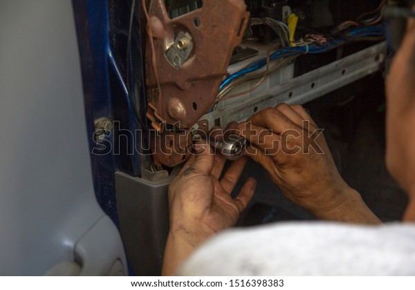 Close Hands Mechanic Fixing Car Wrench Stock Photo Edit Now