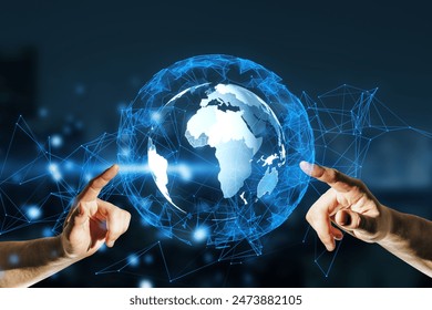 Close up of hands pointing at glowing globe hologram on blurry night city background. World map, connect and earth concept. Double exposure