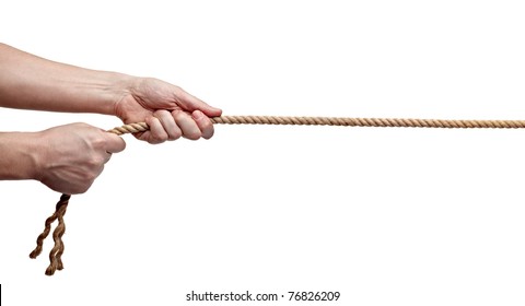 Close Up Of Hands Pulling A Rope On White Background With Clipping Path