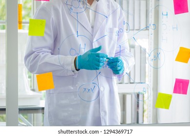Close Up hands of scientists write the formula for chemistry on glass board.
