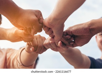 Close up hands Teamwork group of multi racial people meeting join hands. Diversity people hands join empower partnership teams connect volunteer community. Diverse multiethnic Partners team together - Shutterstock ID 2261116677