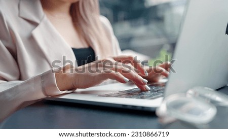 Close up hands typing keyboard on labtop. Businesswoman work during technology online connection business. Typing on search engine for laptop