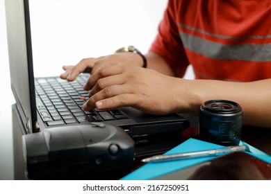 Close Up Hands Typing Laptop , Isolated White Background, Free Lancer Photographer, Editing Photos