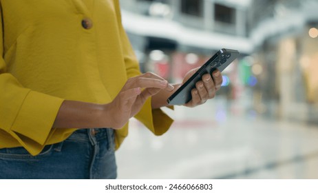 Close up hands unrecognizable woman holding mobile phone smartphone cellphone tech online ordering internet buyer chatting texting shopping mall client web digital gadget cyberspace customer ecommerce - Powered by Shutterstock