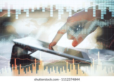Close up of hands using device on blurry outdoor background with glowing forex chart and sunlight. Fund management and stock concept. Double exposure 