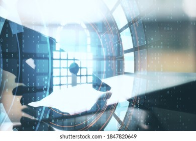 Close up of hands using digital tablet with padlock interface on desktop. Safety and protection concept. Multiexposure