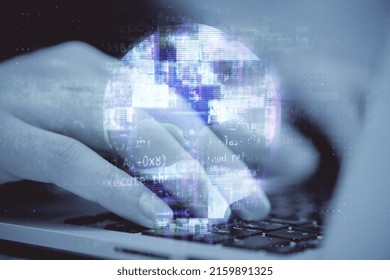 Close up of hands using laptop computer keyboard with human skull hologram. Web danger, hacking and phishing concept. Double exposure - Powered by Shutterstock - Get 15% off with code: PIKWIZARD15