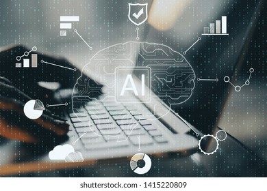 Close up of hands using laptop with creative ai circuit brain and icons placed on desktop and blurry background. Artificial intelligence and innovation concept. Multiexposure