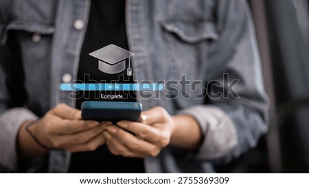 Close up of hands using a mobile phone showing a successful course completion interface. Concept of digital learning, online education achievement, and skill development.