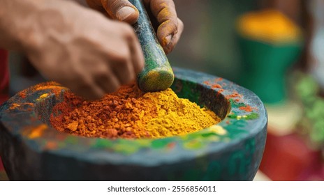 A close up of hands using a pestle to grind vibrant orange and yellow spices in a stone mortar. - Powered by Shutterstock