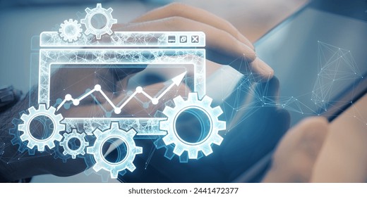 Close up of hands using tablet with digital folder with cogs, mesh and arrows on blurry backdrop. Project Management icon, data management, folder, project goals, task management concept. 3D Rendering - Powered by Shutterstock