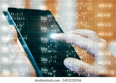 Close up of hands using tablet on abstract blurry background with mathematical formulas. Programming and algorithm concept. Multiexposure 