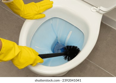 Close up of hands wearing yellow gloves cleaning a modern, white, ceramic toilet bowl with a black toilet brush and using blue liquid toilet cleaner
 - Powered by Shutterstock